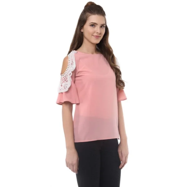 Women's Polyester Lace Inserts Half Sleeve Top (Pink) - Image 4
