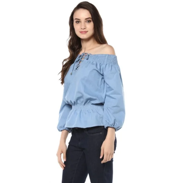 Women's Denim Solid 3-4th Sleeves Regular Top (Blue) - Image 3
