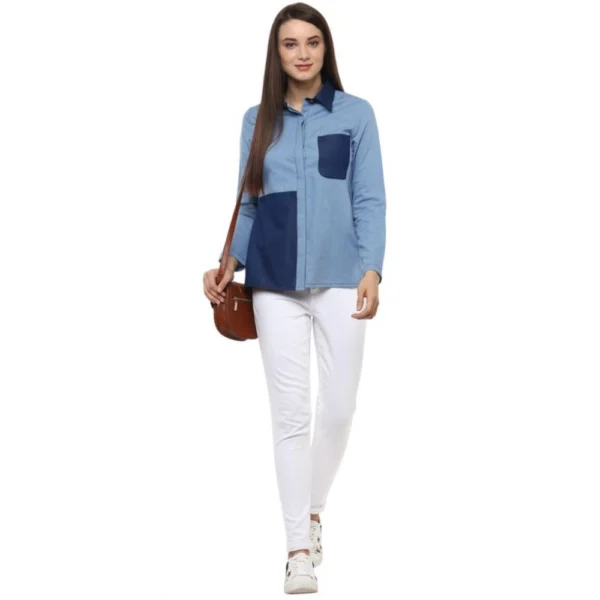 Women's Denim Patch Work Long Sleeves Regular Top (Blue) - Image 5