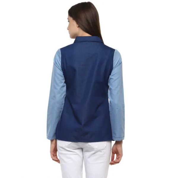 Women's Denim Patch Work Long Sleeves Regular Top (Blue) - Image 6