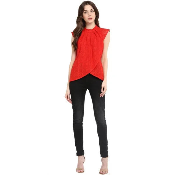 Women's Cotton Lace Embellished Cap Sleeve Regular Top (Red) - Image 6