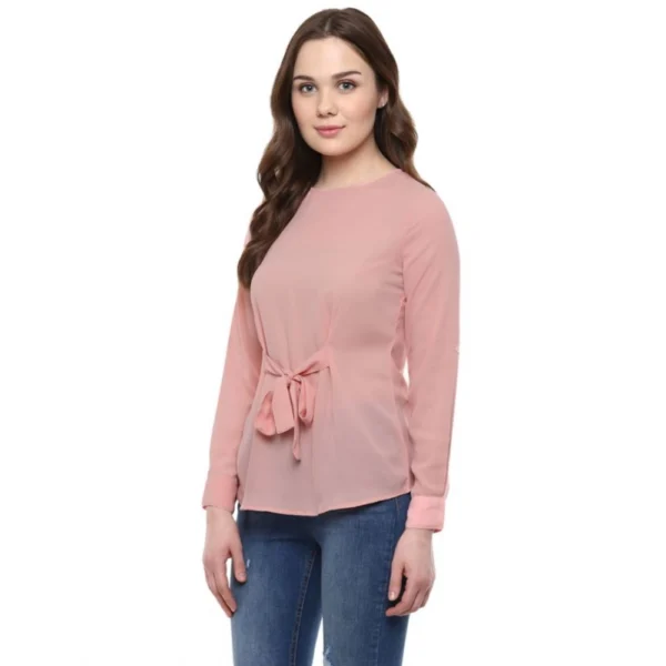 Women's Polyester Solid Long Sleeves Regular Top (Pink) - Image 3