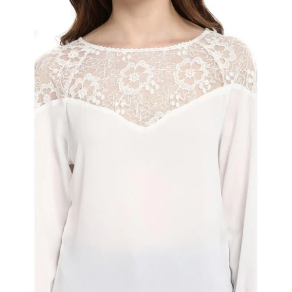 Women's Polyester Georgette Self Design 3-4th Sleeves Regular Top (White) - Image 2