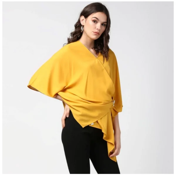 Women's Polyester Solid Cape Sleeve Top (Yellow) - Image 4