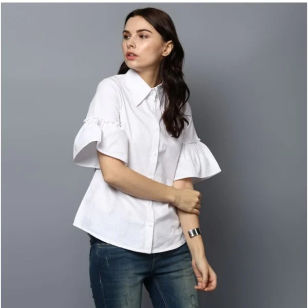Women's Cotton Solid Bell Sleeve Top (White) - Image 4