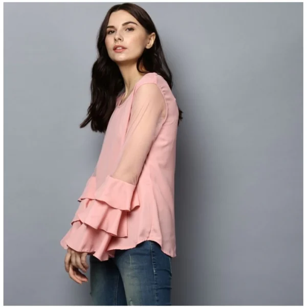 Women's Polyester Solid Tier Sleeve Top (Pink) - Image 3