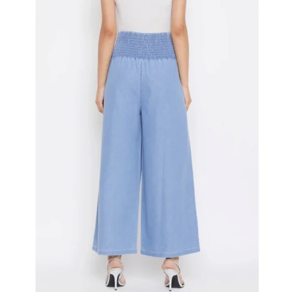 Women's Denim Solid Smocked Trousers (Blue) - Image 3