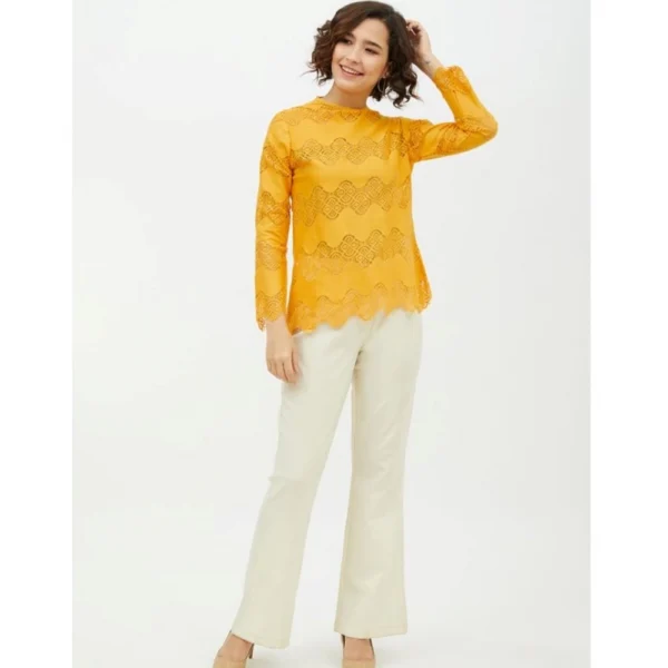 Women's Cotton Lace Inserts Long Sleeves Top (Yellow) - Image 6