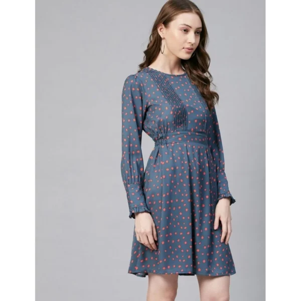 Women's Polyester Polka Long Sleeves Above Knee Dress (Grey - Coral) - Image 3