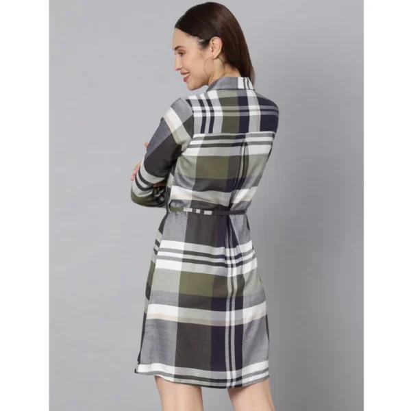 Women's Cotton Checkered Long Sleeves Above Knee Dress (Olive - White) - Image 7