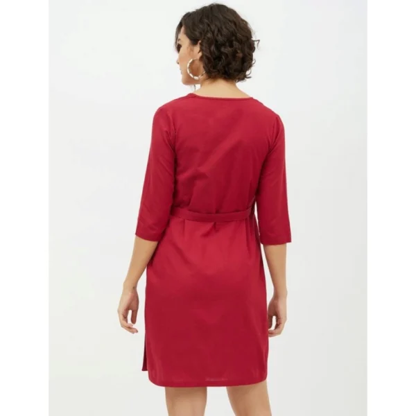 Women's Cotton Wrap 3-4th Sleeves Above Knee Dress (Maroon) - Image 7
