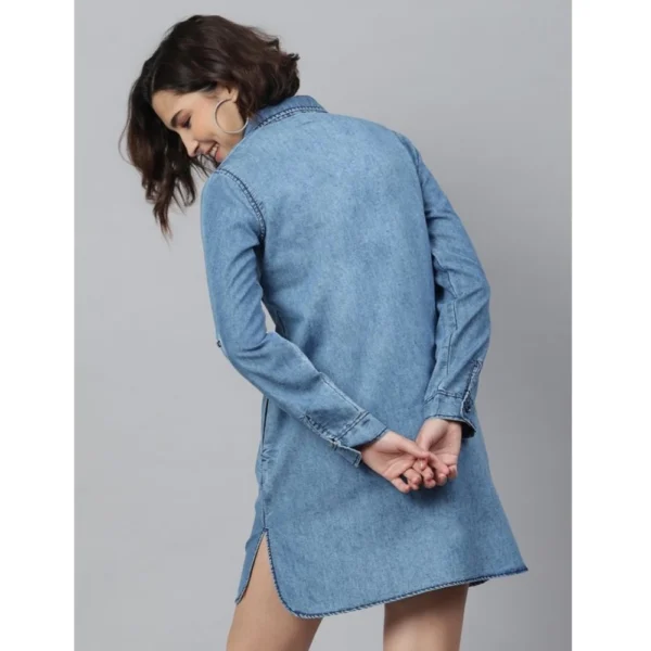 Women's Denim Solid Long Sleeves Above Knee Dress (Ice Blue) - Image 6