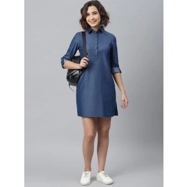 Women's Denim Solid Long Sleeves Above Knee Dress (Navy Blue) - Image 5