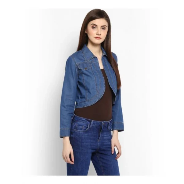 Women's Denim Solid 3-4th Sleeves Shrug (Blue) - Image 4