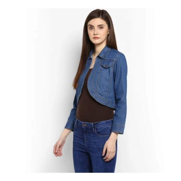 Women's Denim Solid 3-4th Sleeves Shrug (Blue) - Image 3