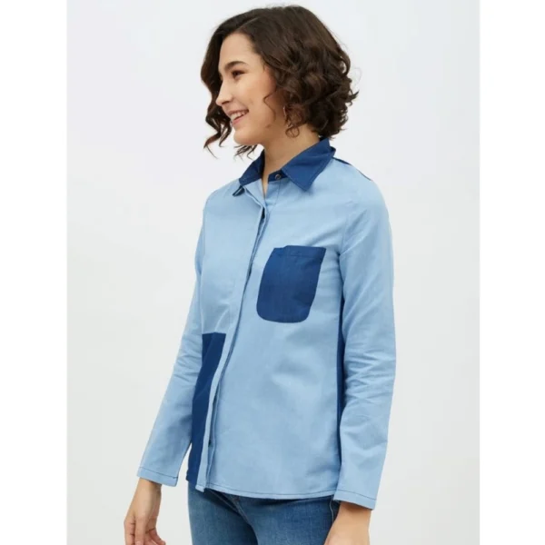 Women's Denim Patch Work Long Sleeves Standard Length Shirt (Blue) - Image 3