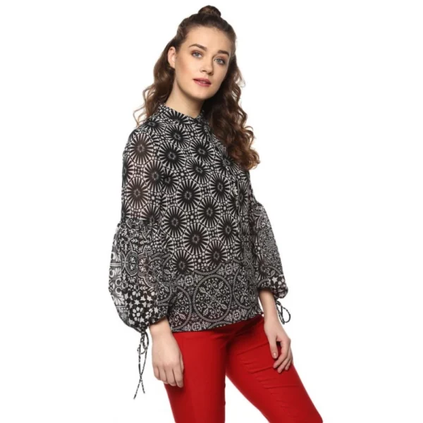 Women's Polyester Printed Balloon Sleeve Top (Black - White) - Image 4