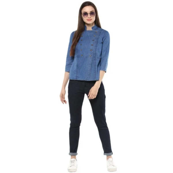Women's Denim Solid 3-4th Sleeves Regular Top (Blue) - Image 6