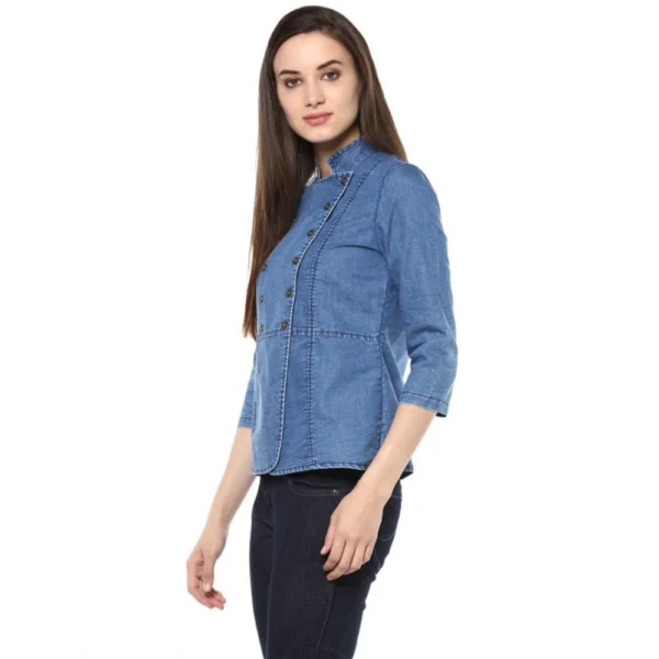 Women's Denim Solid 3-4th Sleeves Regular Top (Blue) - Image 3