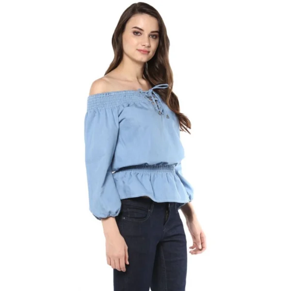 Women's Denim Solid 3-4th Sleeves Regular Top (Blue) - Image 4