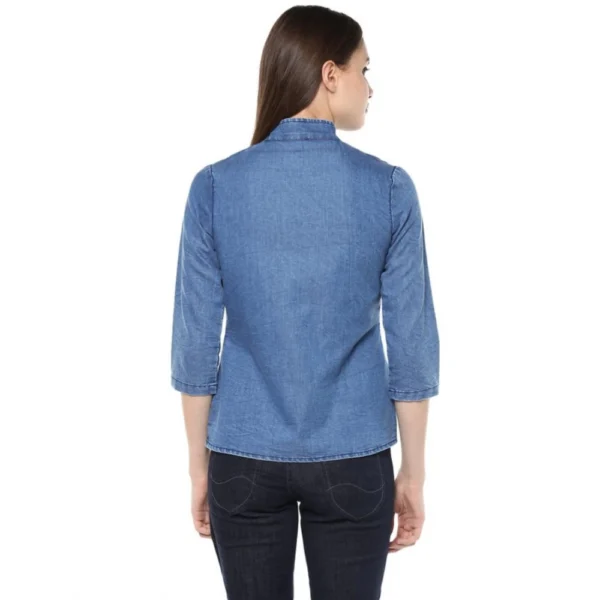 Women's Denim Solid 3-4th Sleeves Regular Top (Blue) - Image 7