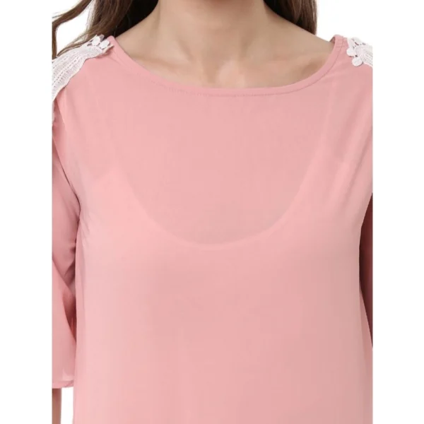 Women's Polyester Lace Inserts Half Sleeve Top (Pink) - Image 2
