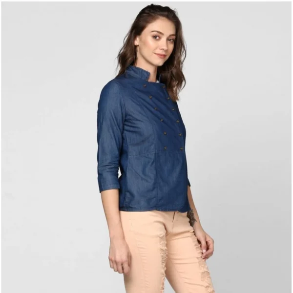 Women's Denim Solid 3-4th Sleeves Top (Blue) - Image 2