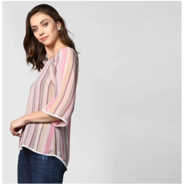 Women's Polyester Striped 3-4th Sleeves Top (Pink) - Image 3