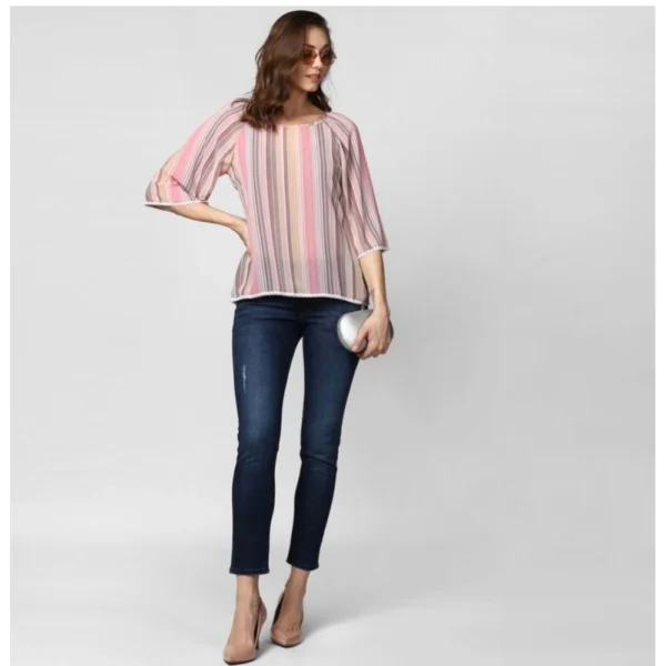 Women's Polyester Striped 3-4th Sleeves Top (Pink) - Image 6