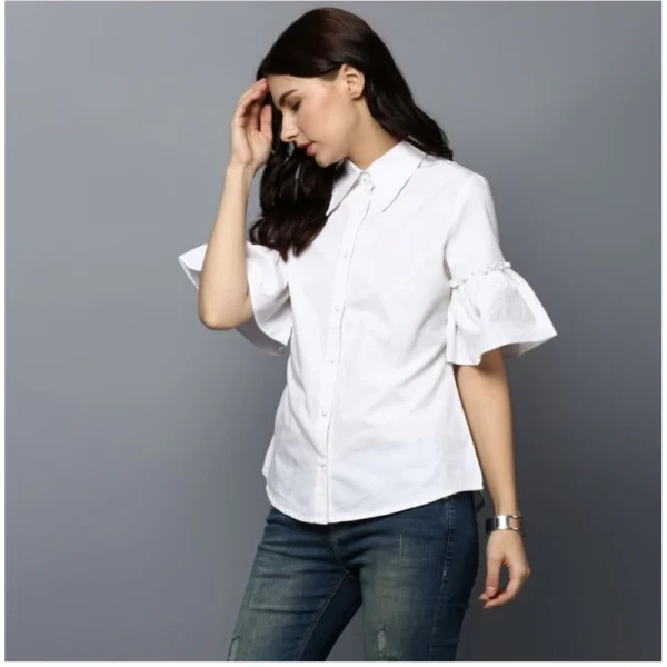 Women's Cotton Solid Bell Sleeve Top (White) - Image 3