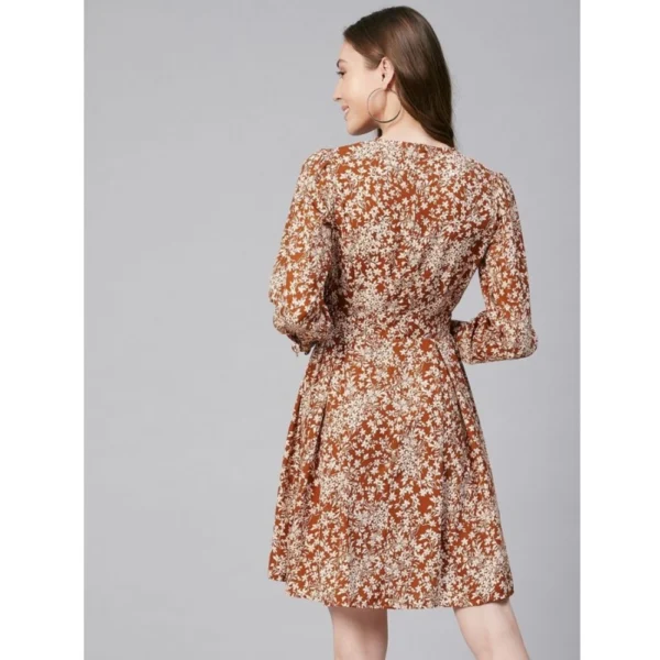 Women's Polyester Floral Long Sleeves Above Knee Dress (Rust) - Image 7