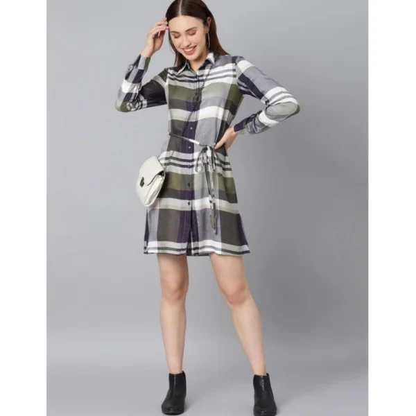 Women's Cotton Checkered Long Sleeves Above Knee Dress (Olive - White) - Image 6