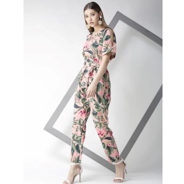 Women's Polyester Floral Half Sleeve Jumpsuit (Pink) - Image 5