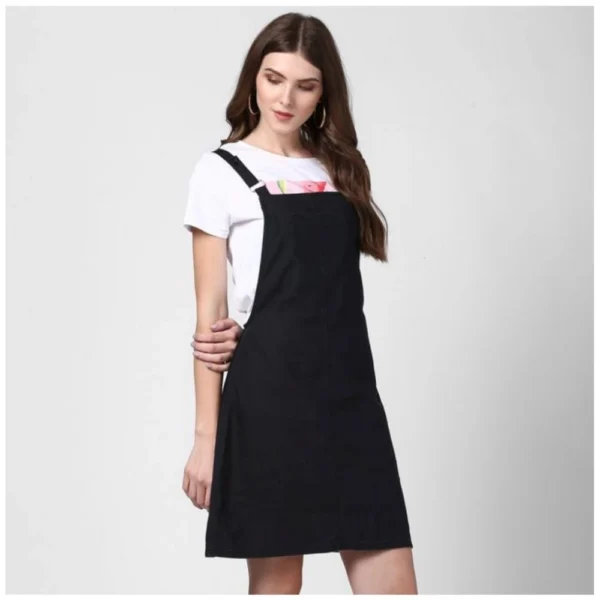 Women's Denim Solid Shoulder Straps Above Knee Dungaree (Black) - Image 3