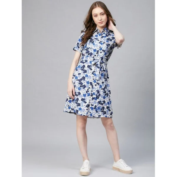 Women's Polyester Floral Short Sleeve Above Knee Dress (Blue - White) - Image 6