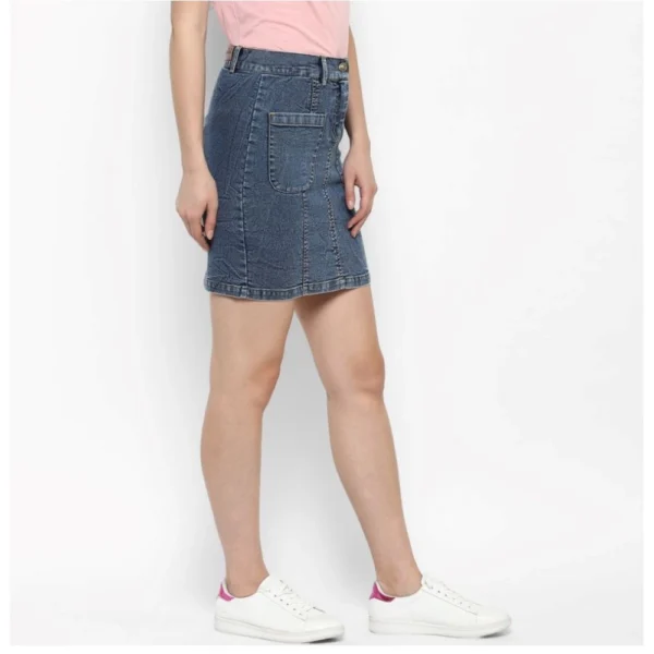 Women's Denim Front Pocket Buttoned Skirt (Blue) - Image 4