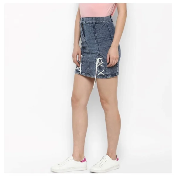 Women's Denim Tie Up Buttoned Skirt (Blue) - Image 3