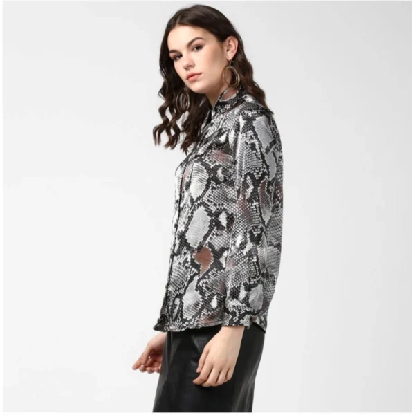 Women's Satin Animal Print Long Sleeves Standard Length Shirt (Black - Grey) - Image 3