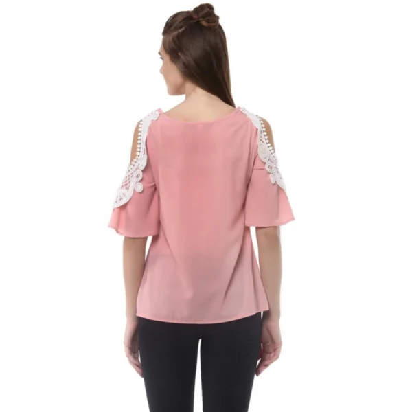 Women's Polyester Lace Inserts Half Sleeve Top (Pink) - Image 7