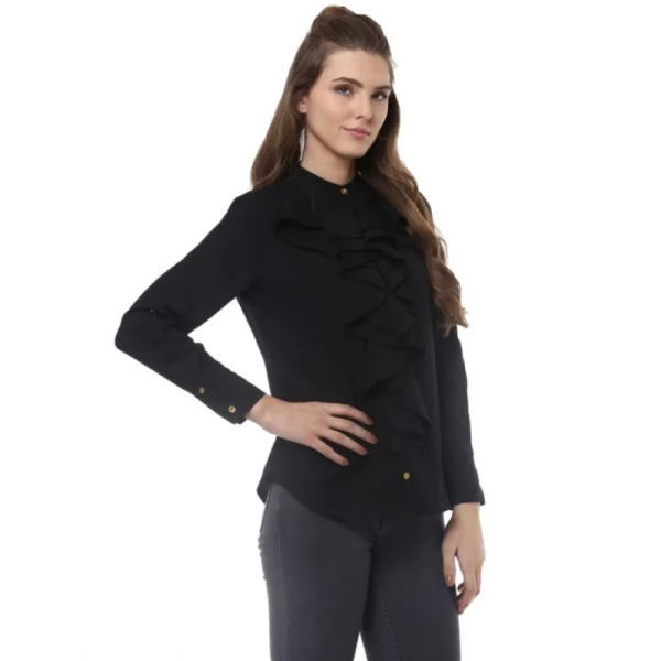 Women's Polyester Ruffled Long Sleeves Top (Black) - Image 4
