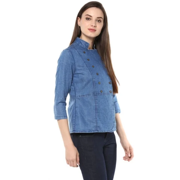 Women's Denim Solid 3-4th Sleeves Regular Top (Blue) - Image 4