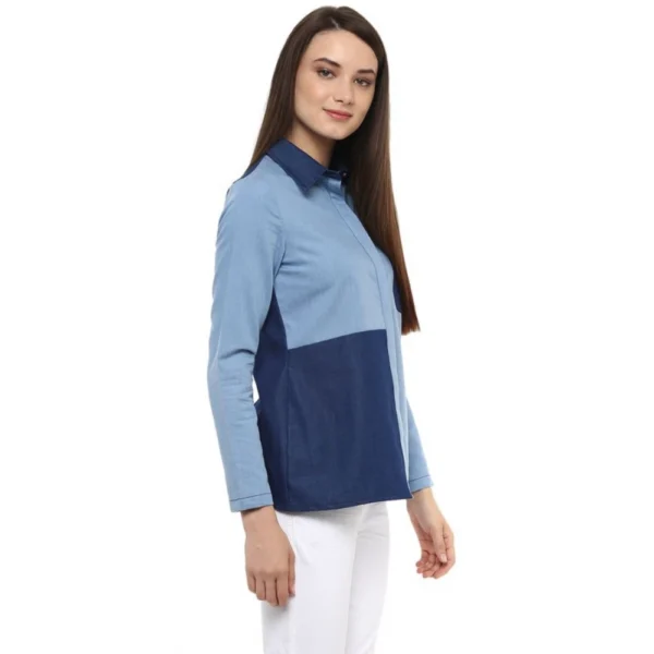 Women's Denim Patch Work Long Sleeves Regular Top (Blue) - Image 3
