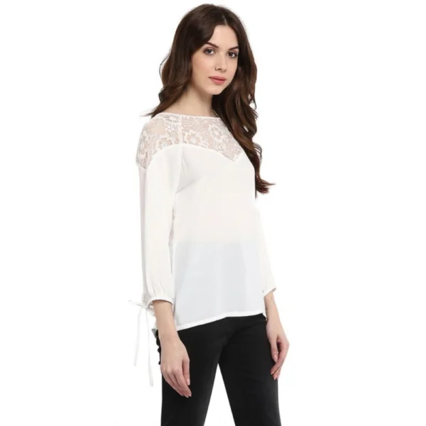 Women's Polyester Georgette Self Design 3-4th Sleeves Regular Top (White) - Image 5