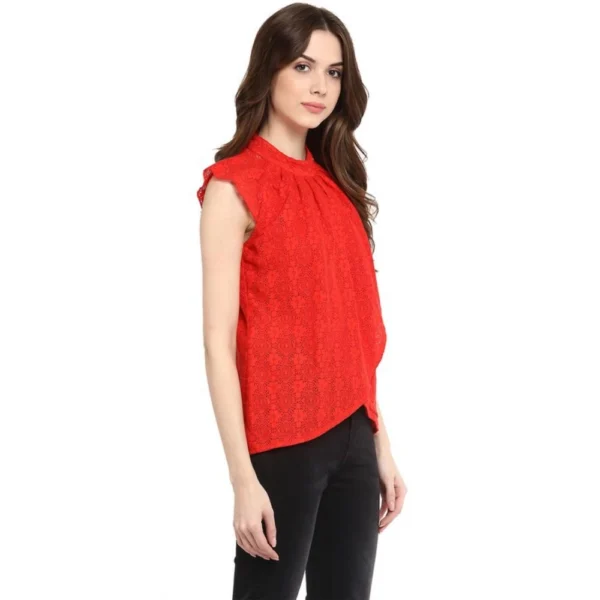 Women's Cotton Lace Embellished Cap Sleeve Regular Top (Red) - Image 4