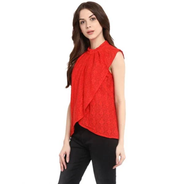 Women's Cotton Lace Embellished Cap Sleeve Regular Top (Red) - Image 3