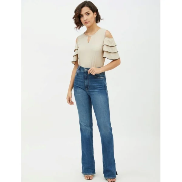 Women's Polyester Tiered Cold Shoulder Top (Beige) - Image 6