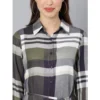 Women's Cotton Checkered Long Sleeves Above Knee Dress (Olive - White) - Image 2