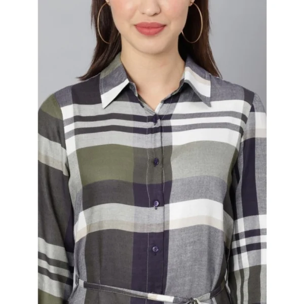 Women's Cotton Checkered Long Sleeves Above Knee Dress (Olive - White) - Image 2