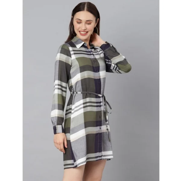 Women's Cotton Checkered Long Sleeves Above Knee Dress (Olive - White) - Image 3