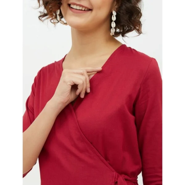 Women's Cotton Wrap 3-4th Sleeves Above Knee Dress (Maroon) - Image 2
